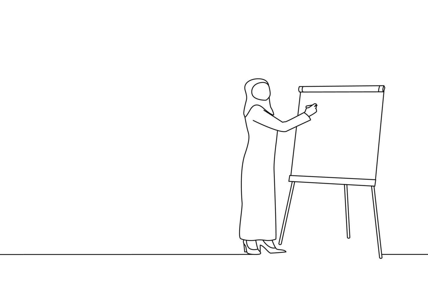 Drawing of businesswoman writing on flip board topic business and education. Outline drawing style art vector