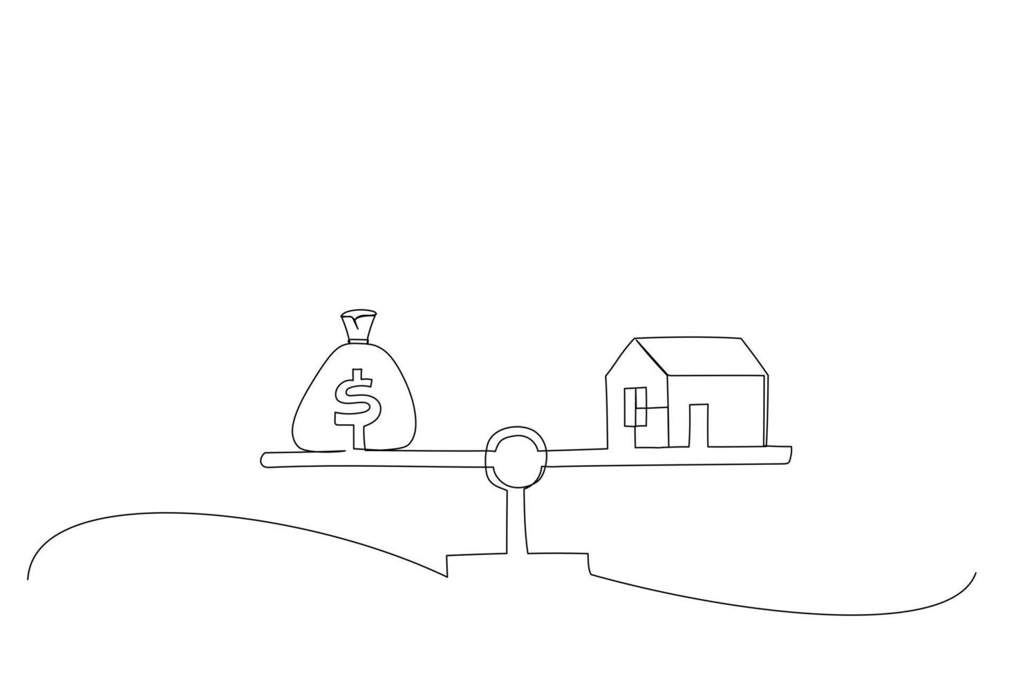 Illustration of home and money coins stack on scale. Property investment concept. One line style art vector