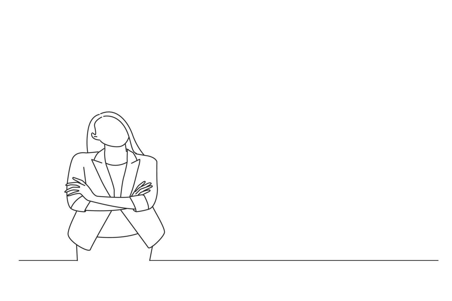 Drawing of pleased asian business woman with crossed arms looking at the camera. Oneline art drawing style vector