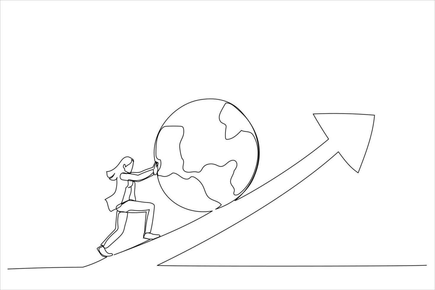 Drawing of businesswoman leader push the world up rising up graph. International investment growth. Single line art style vector