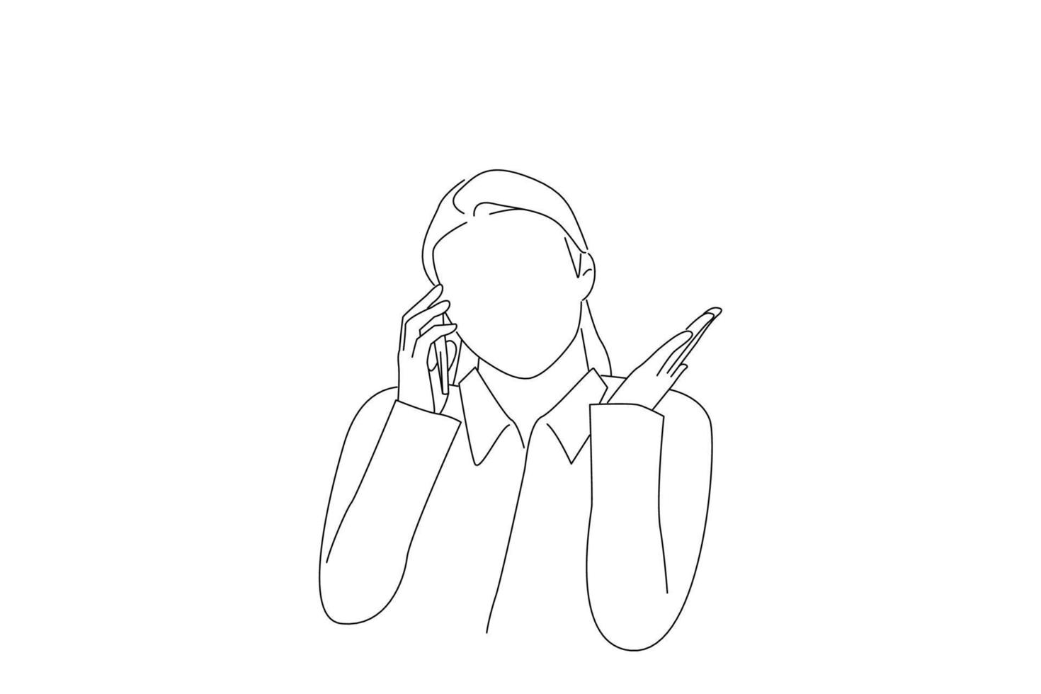 Cartoon of upset unpleasantly surprised business woman making phone call, disputing, complaining. One line art vector