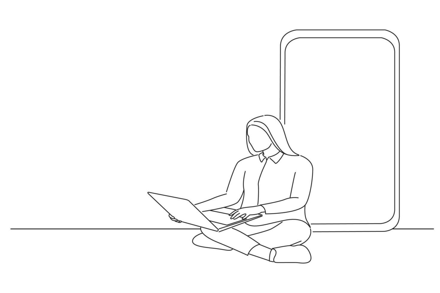 Drawing of big phone behind woman. Outline drawing style art vector