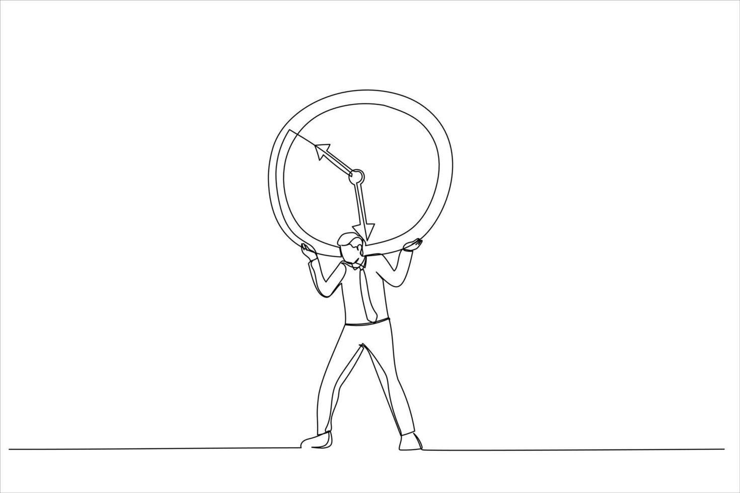 Illustration of businessman salary man carry heavy big clock burden. Time management failure concept. One continuous line art style vector