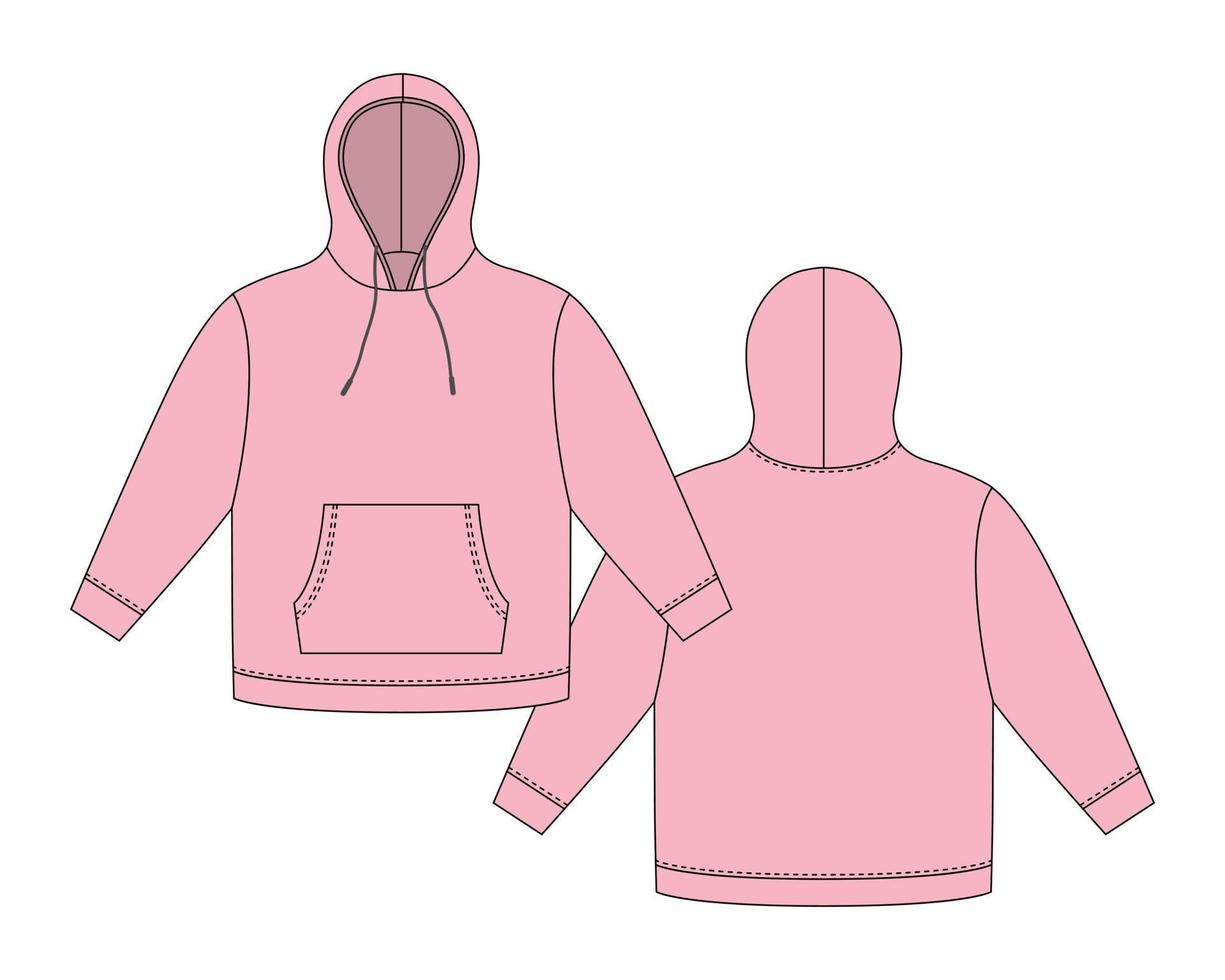 Hoodie template in pastel pink color. Apparel hoody technical sketch