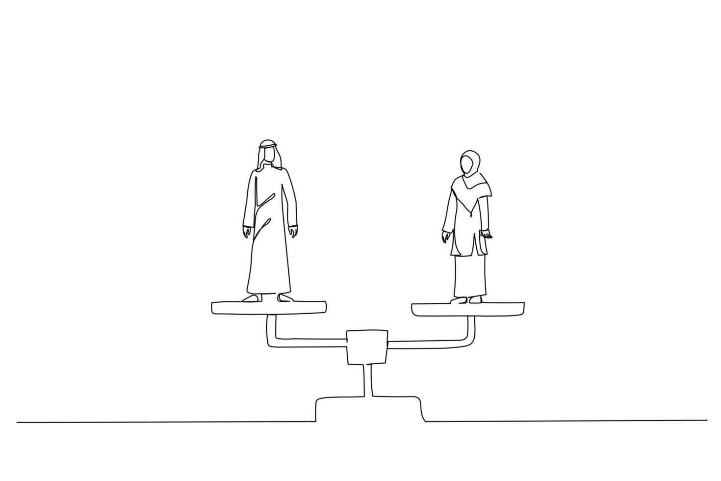 Cartoon of arab business man and hijab business woman standing on balance scales. Opportunities in workplace concept. Continuous line art vector