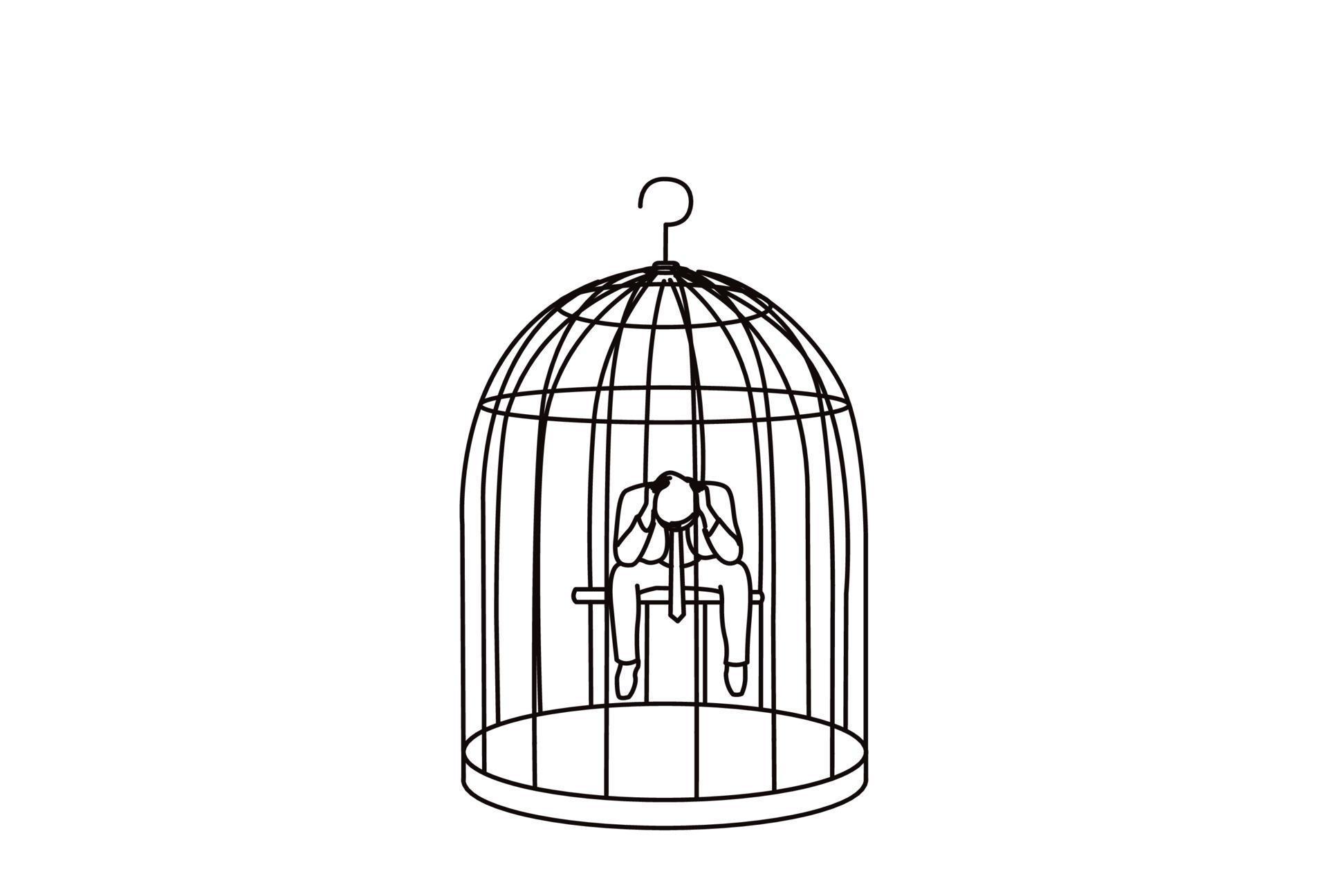Drawing of alone desperate businessman in a bird cage want to resign. Single continuous line art