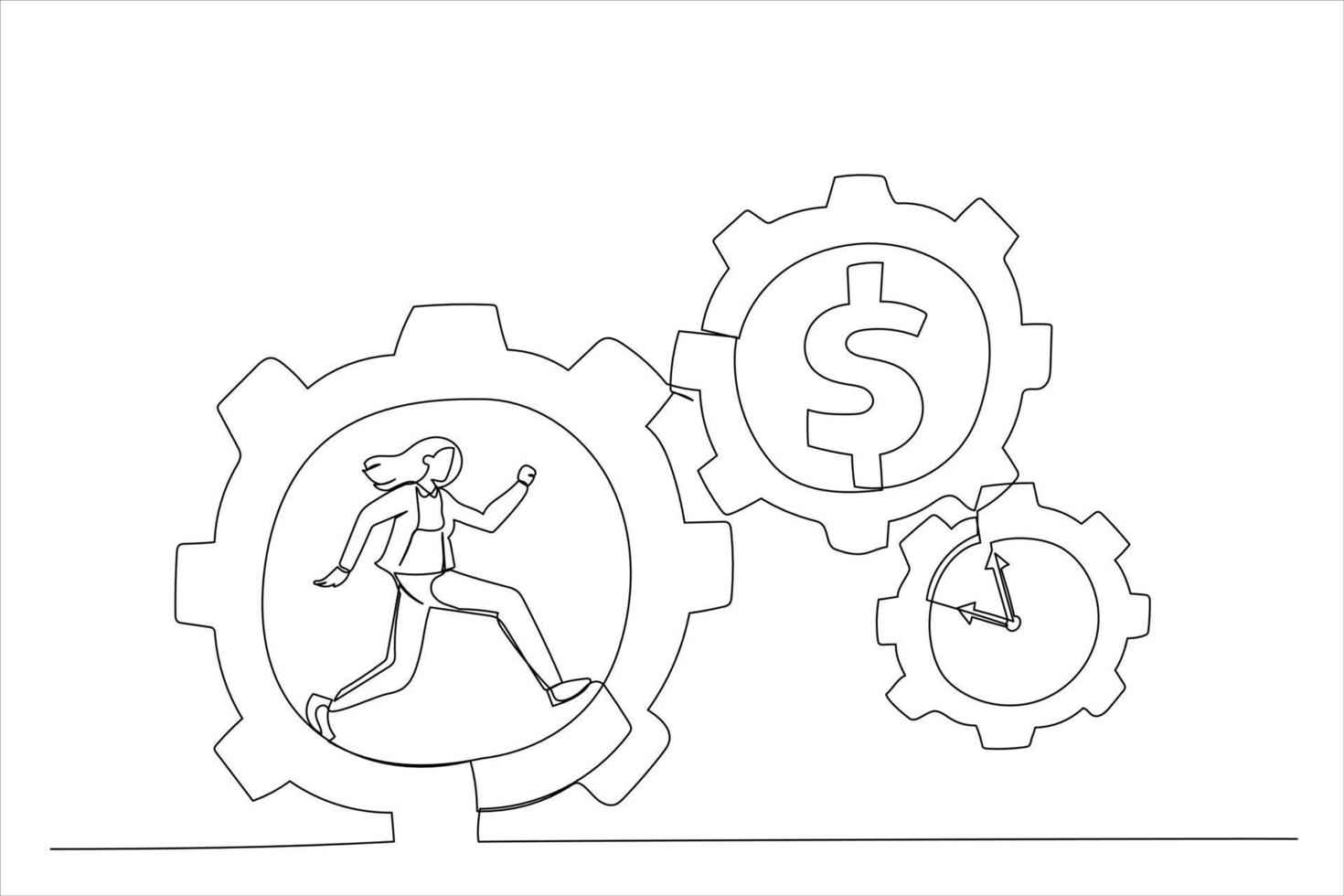 Drawing of businesswoman running with full effort inside gear cogs. Effort and time resulted money concept. Single line art style vector