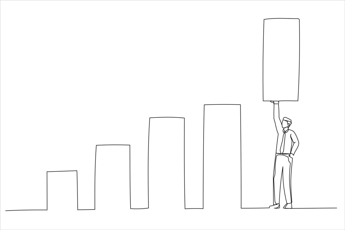 Drawing of confident businessman help lift up bar graph to new high level. Increase sales or revenue raising. Single line art style vector