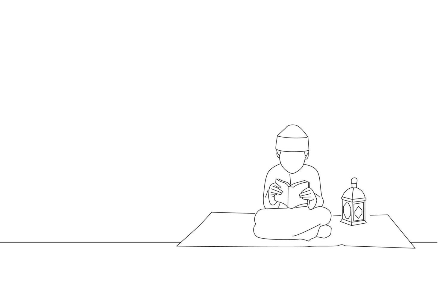 Cartoon of Saudi Kid in Traditional Saudi Uniform Sitting and Reading Quran. Oneline art drawing style vector