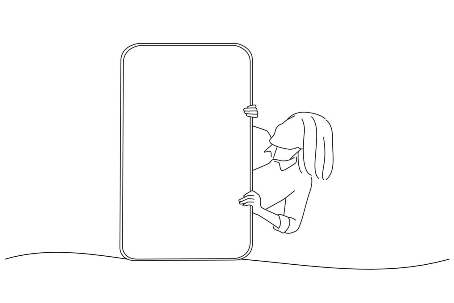 caricatura de una mujer asiática emocionada mirando un gran teléfono celular vertical gigante con pantalla blanca en blanco y mirando la pantalla del dispositivo. estilo de dibujo de arte de una línea vector