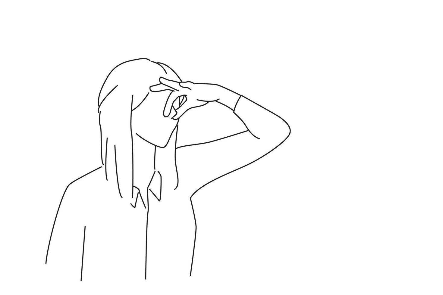 Drawing of young beautiful woman covering her nose with a bad smell. Outline drawing style art vector