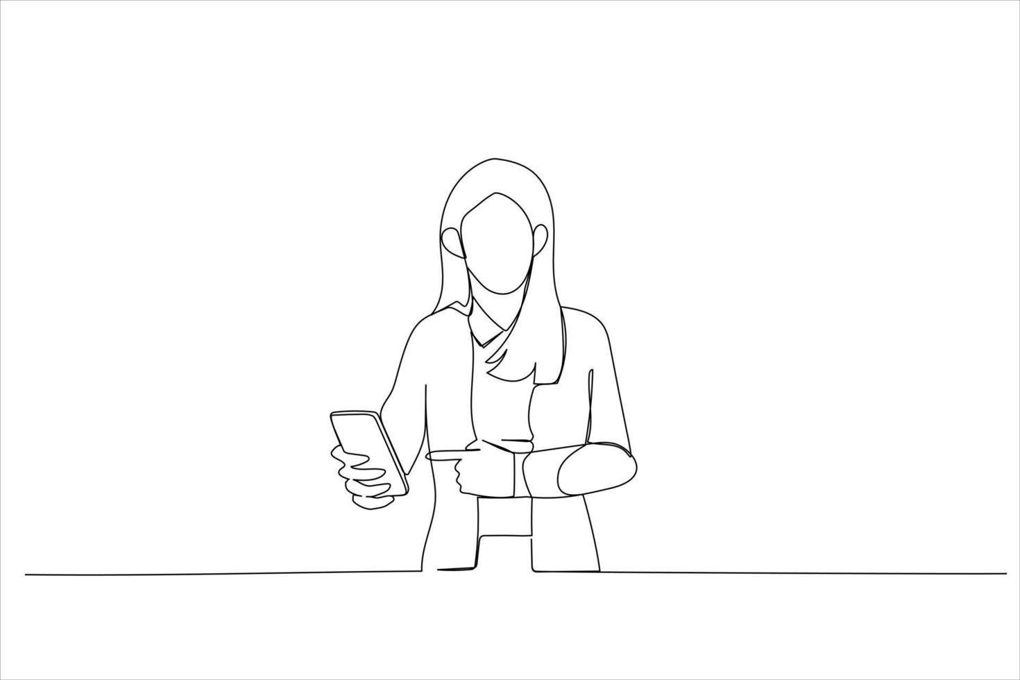 Cartoon of young woman pointing finger at mobile phone. Single continuous line art style vector