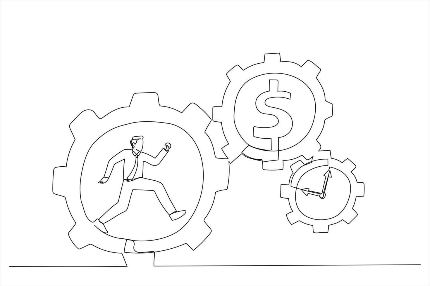 Drawing of businessman running with full effort inside gear cogs. Effort and time resulted money concept. Single line art style vector