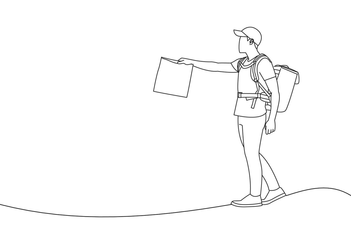 Illustration of employee of delivery company wear backpack hold craft paper food takeaway bag. Outline drawing style art vector