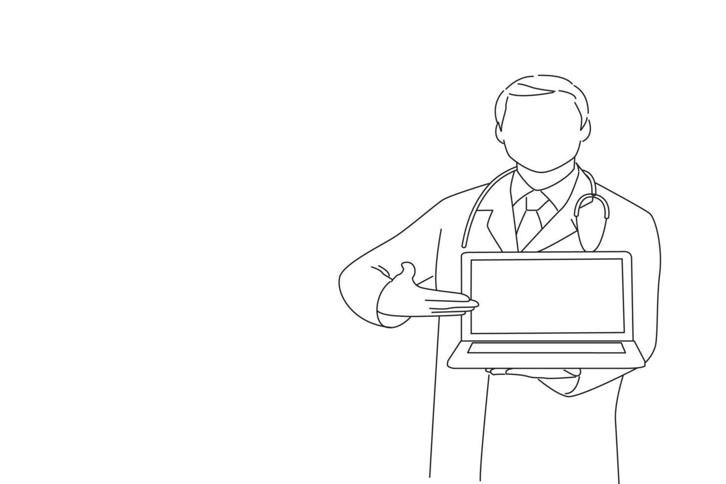 ilustración de un médico masculino que muestra una computadora portátil. estilo de dibujo de arte de una línea vector