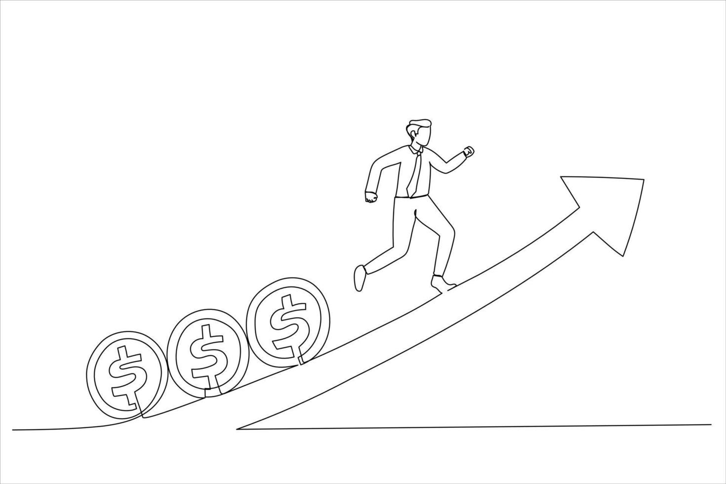 Illustration of fund manager holding flag lead money coins running up rising graph. Stock market growth or fund flow. One line art style vector