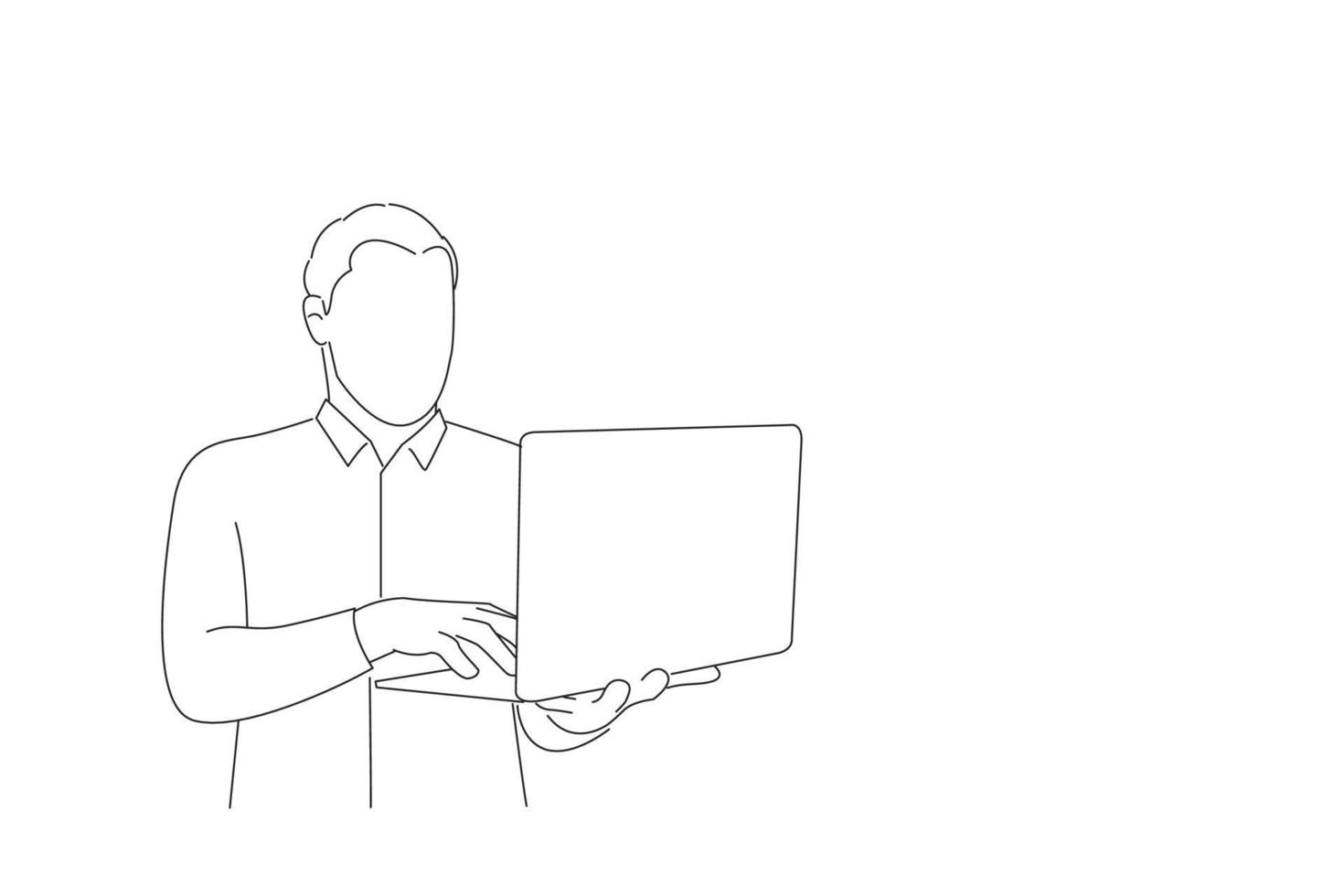 Drawing of young arab man holding laptop scared and amazed with open mouth for surprise. One line art vector