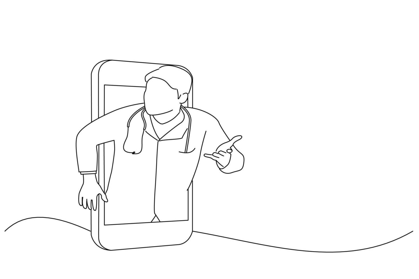 Illustration of telemedicine concept with doctor and smartphone. One line art vector