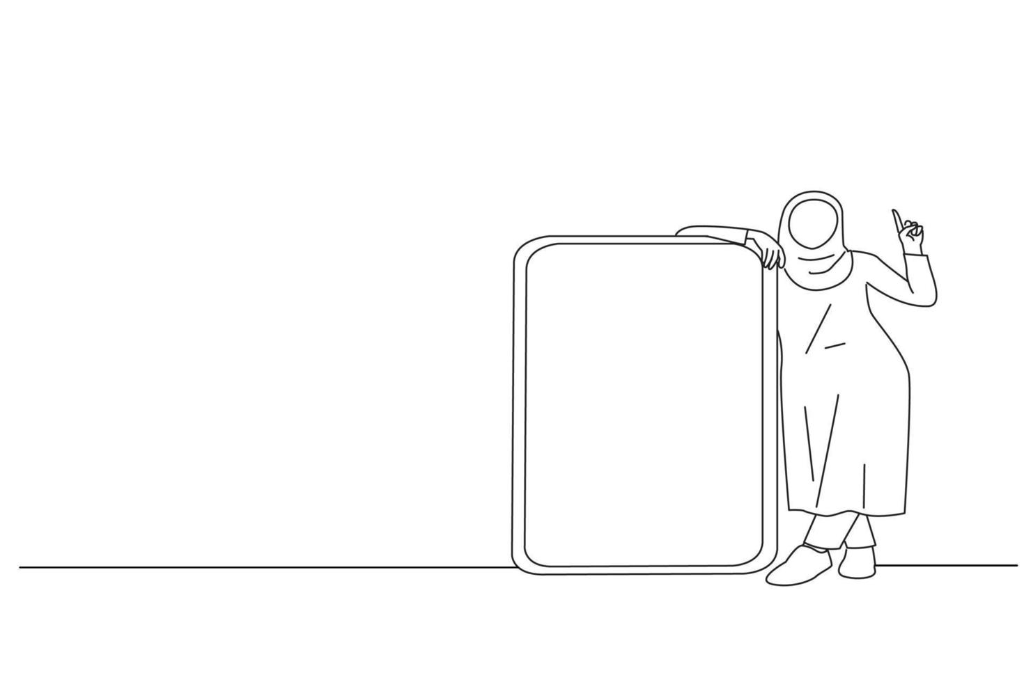 Drawing of Happy Woman Leaning On Big Smartphone With Blank White Screen And Pointing Finger Up. Oneline art drawing style vector