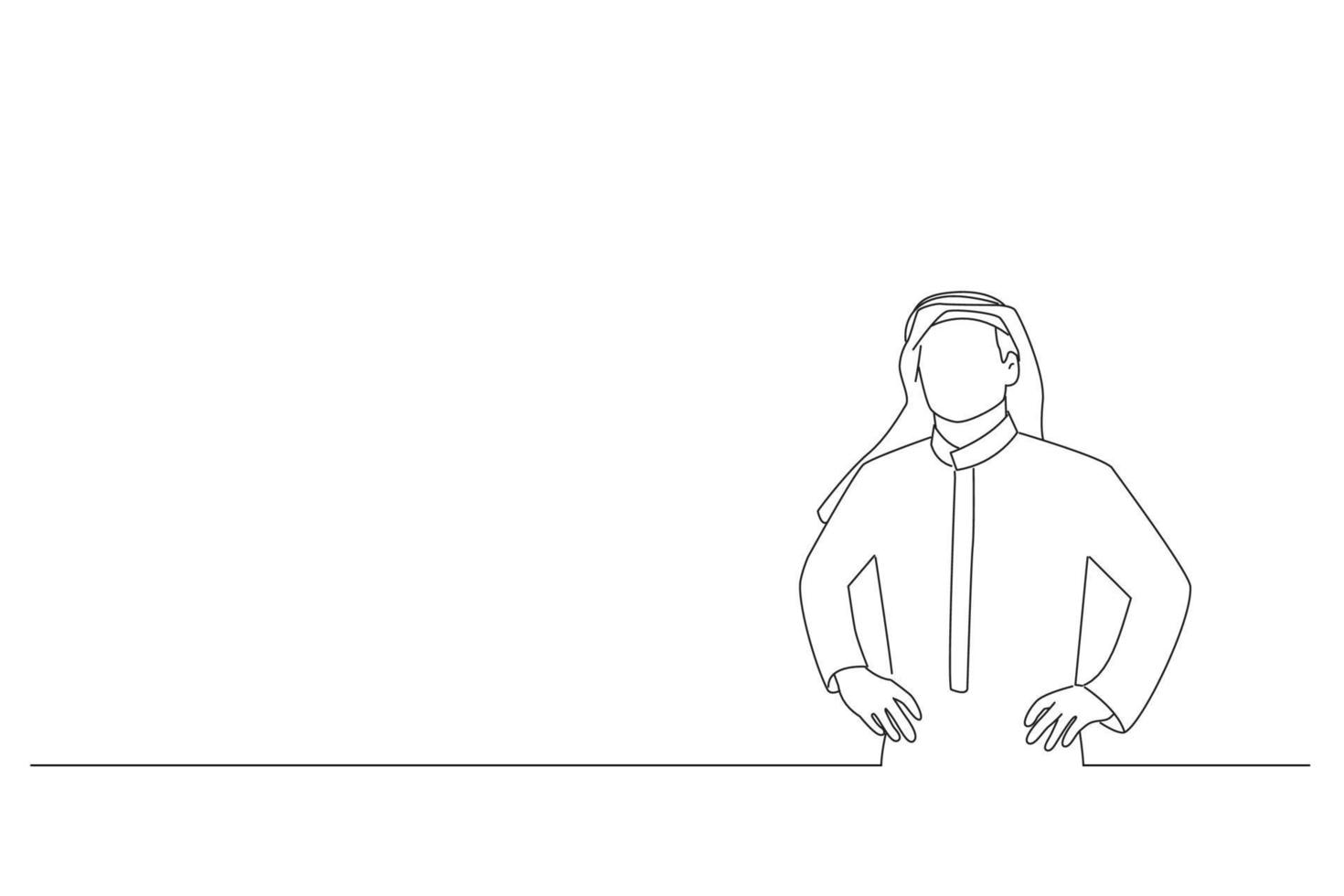 Illustration of confident khaleeji man smiling standing hands on waist wearing shemagh and thobe. Line art style vector