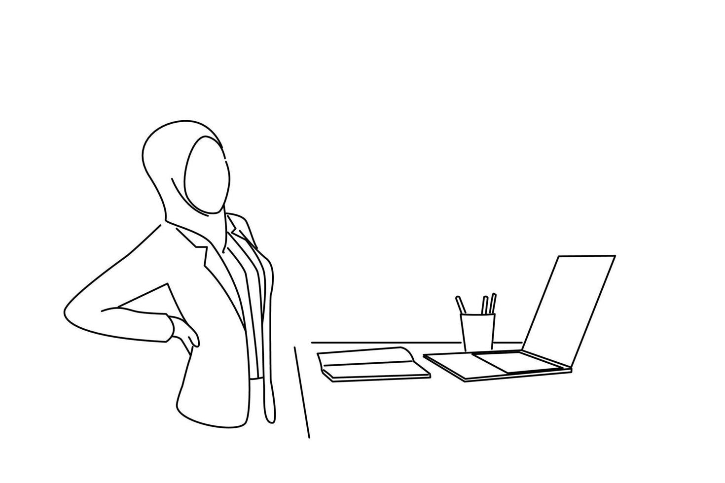 Illustration of muslim business women hand at back pain, waist pain. One continuous line art style vector