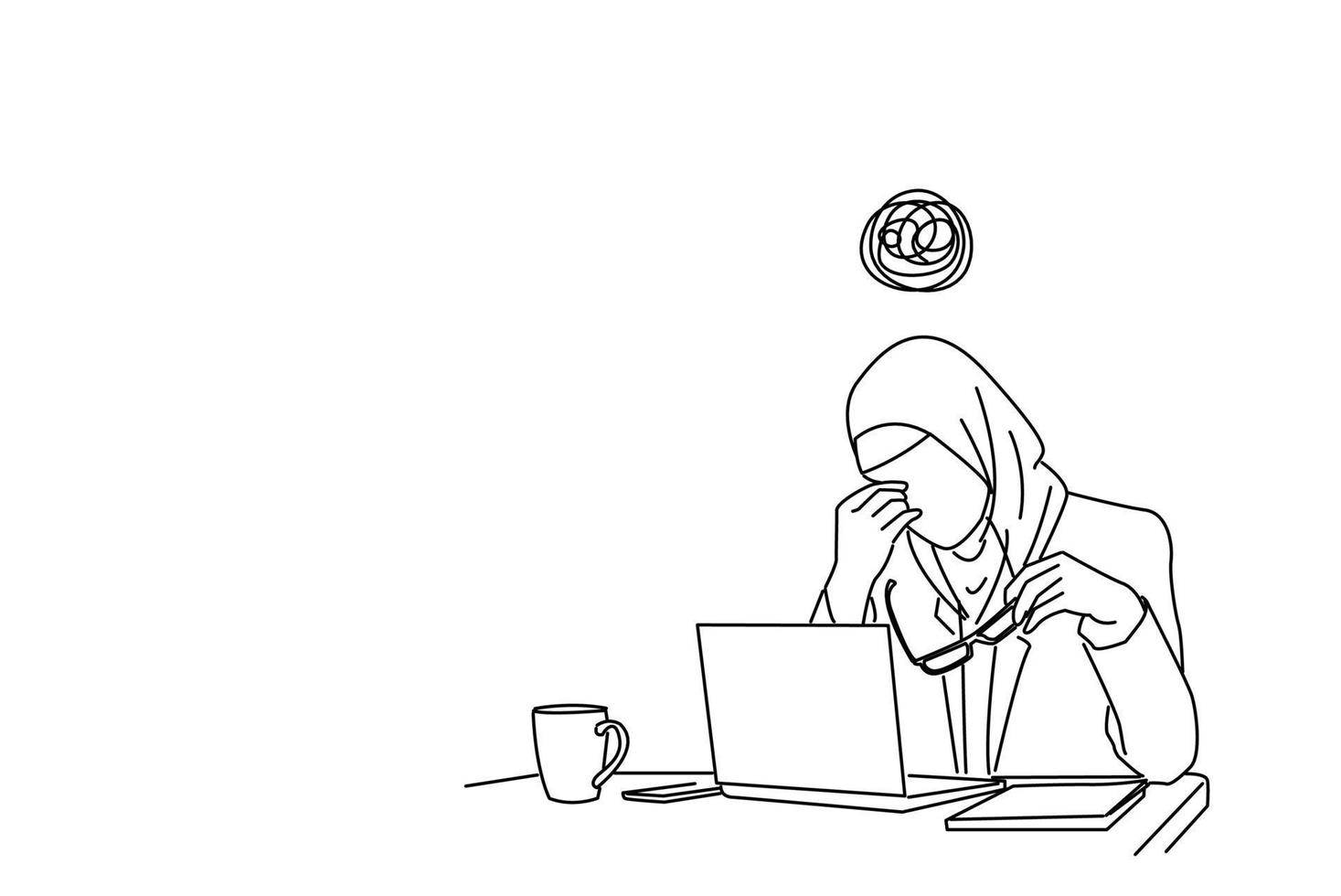 Cartoon of Stressed asian muslim business woman working on a laptop. Outline drawing style art vector