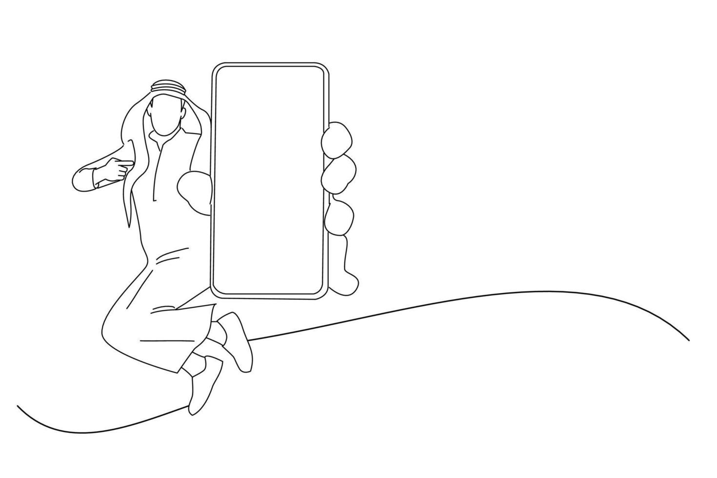 Drawing of young arab guy jumping on air, pointing at cellphone with empty screen. Line art style vector