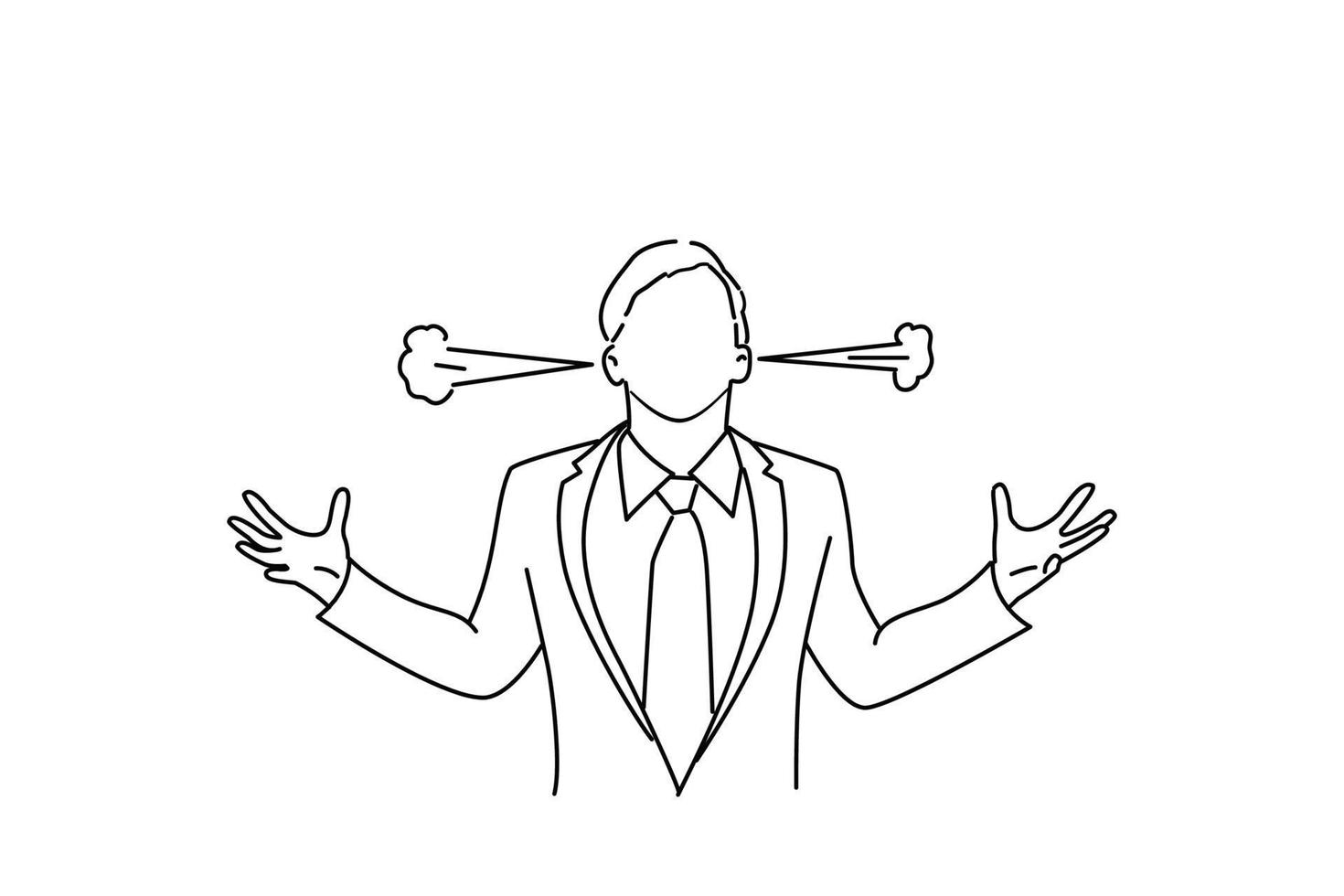 Drawing of businessman in anger screaming and smoke going out from ears. Single line art style vector