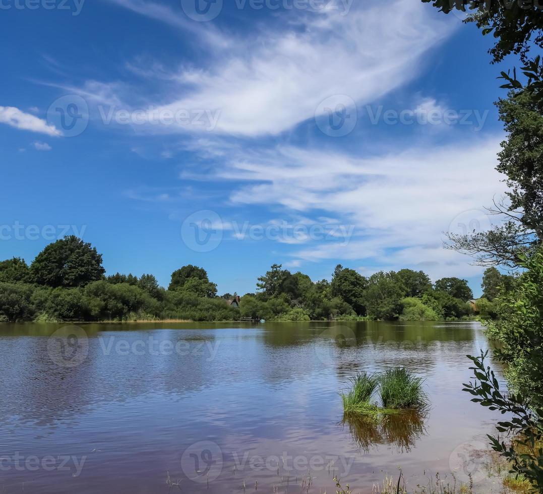 Beautiful sunny landscape at a lake with a reflective water surface. photo