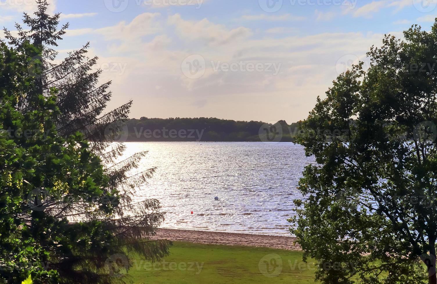 Beautiful sunny landscape at a lake with a reflective water surface. photo