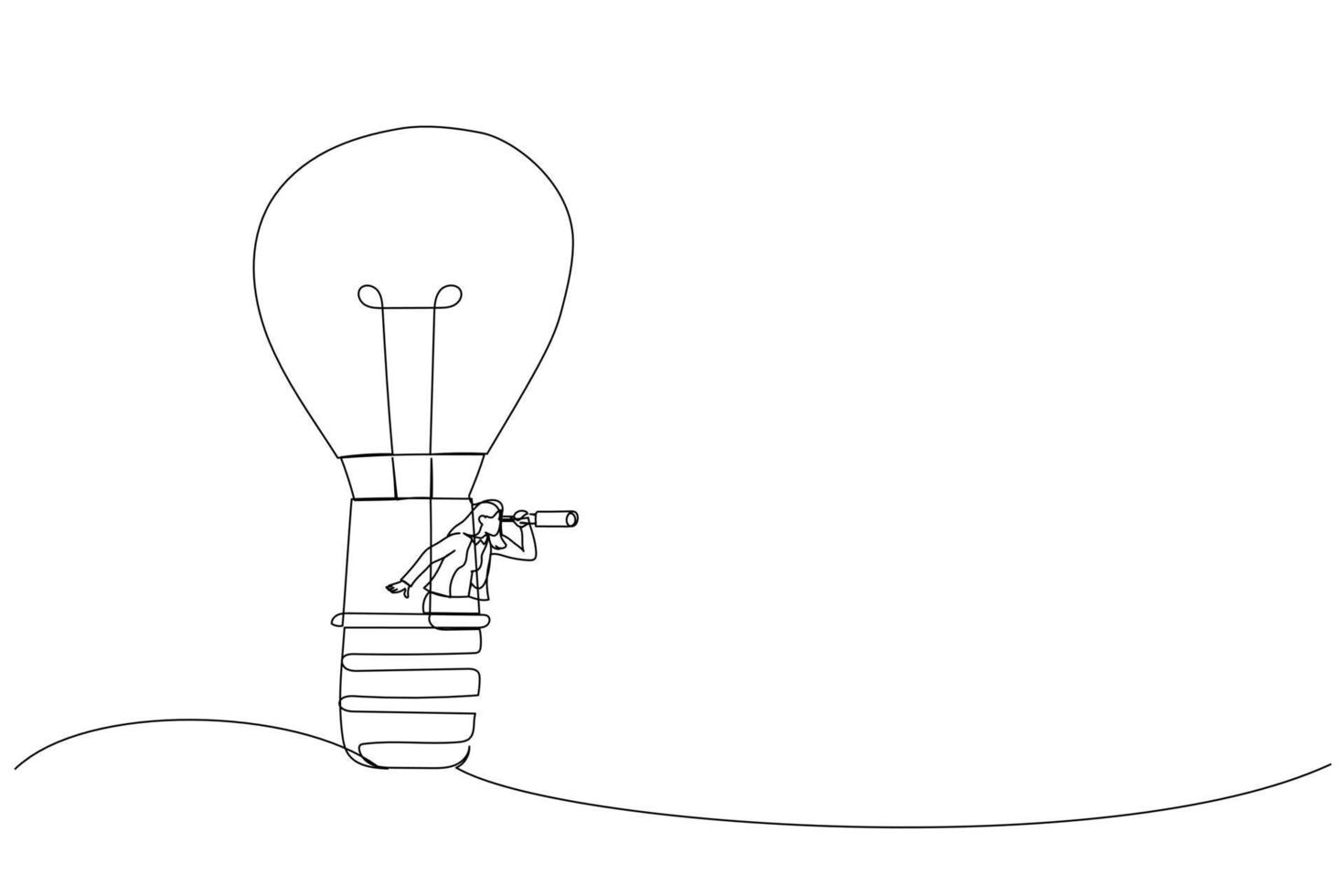 Drawing of businesswoman riding light bulb balloon using spyglass or telescope searching for vision. Search for new business opportunity, challenge or achievement concept. Single continuous line art vector