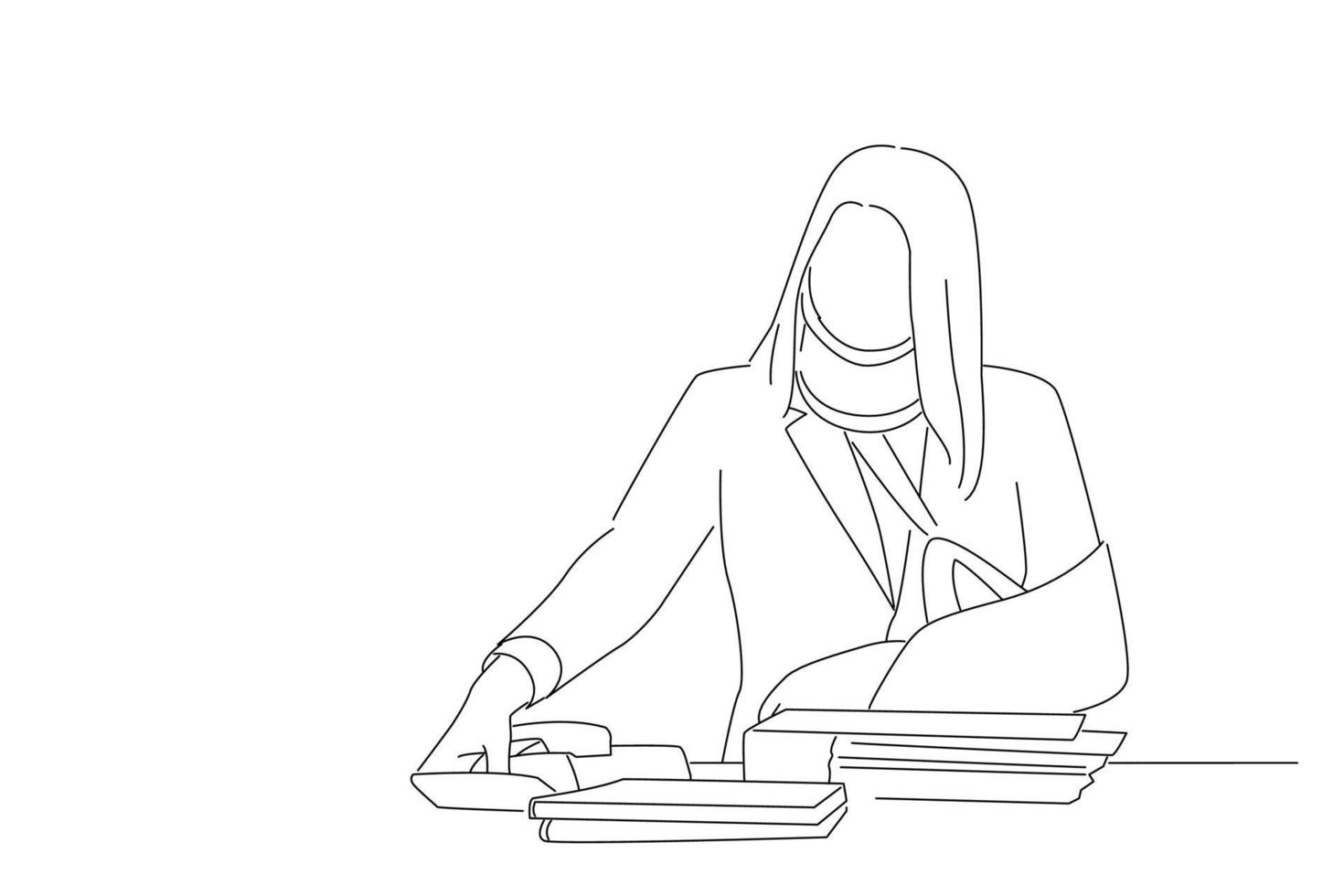 Cartoon of injured female employee working in the office. line art style vector