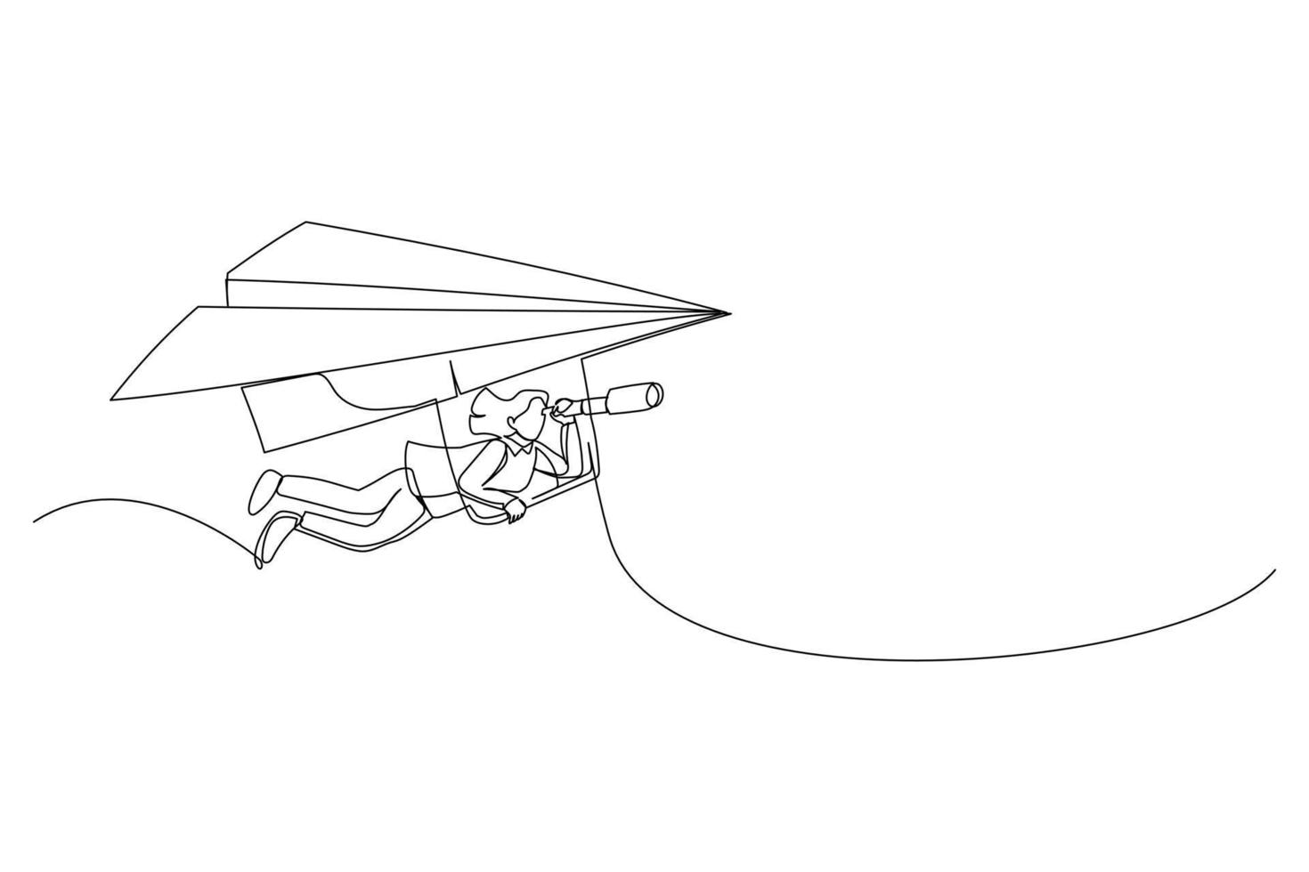 Cartoon of businesswoman flying paper airplane origami as glider with telescope to see future. Future forecast or discover new idea and inspiration concept. Single continuous line art style vector