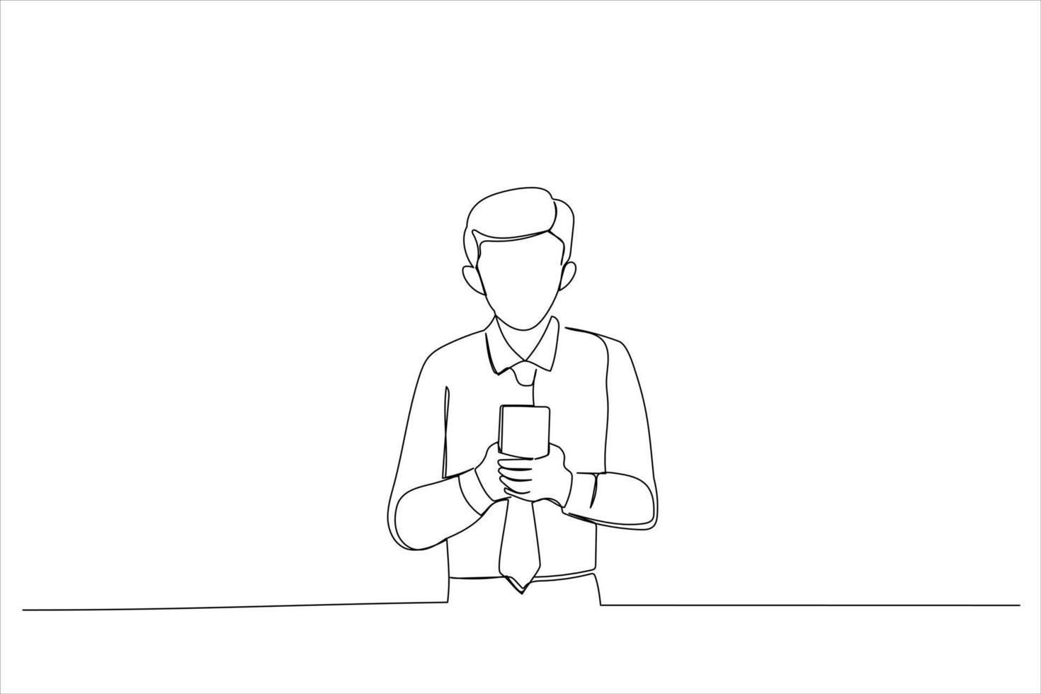 Drawing of young man using his phone while standing. Single continuous line art vector