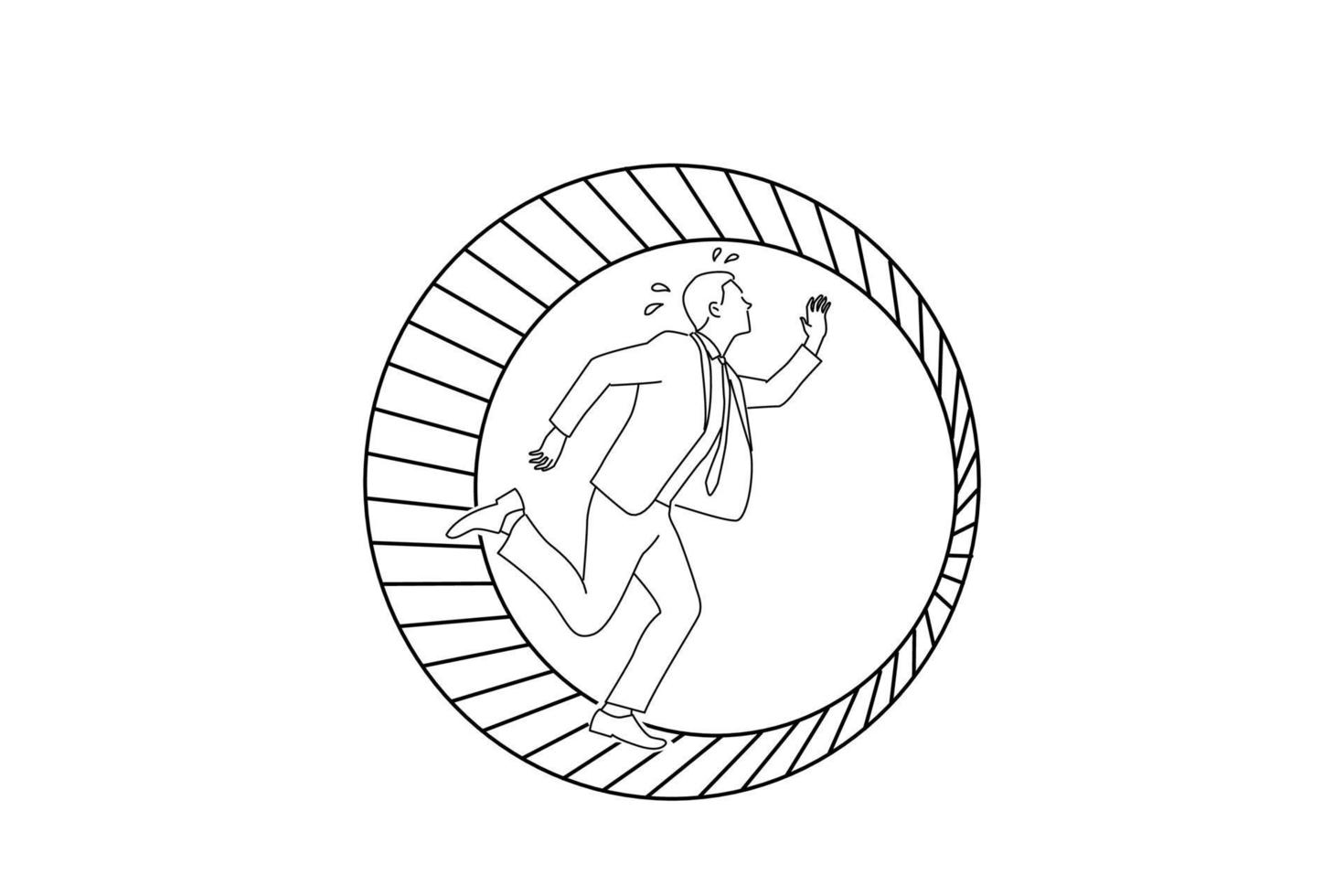 Drawing of businessman running on hamster wheel. Single line art style vector