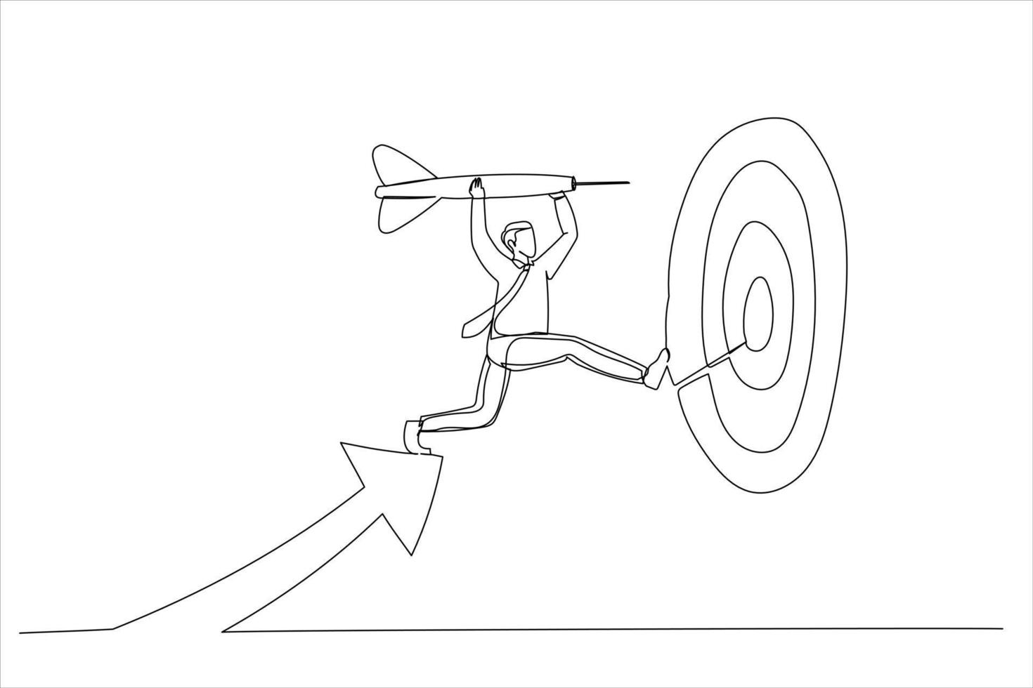 Cartoon of businessman leader holding dart running from rising graph arrow and jump to bullseye target. Business target achievement. Single continuous line art style vector