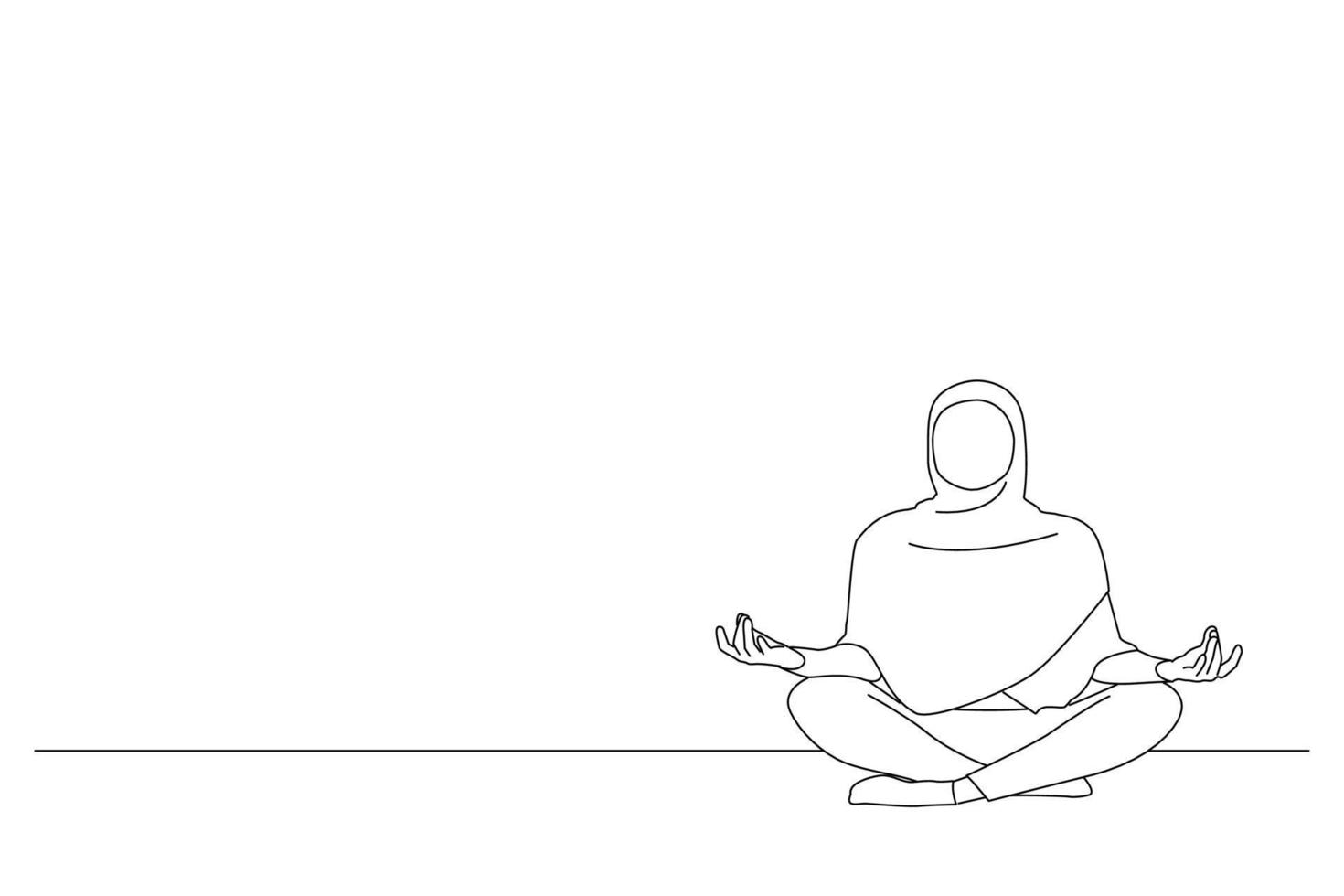 Drawing of peaceful young lady in hijab meditating with closed eyes in yoga pose, finding inner balance. One line art vector