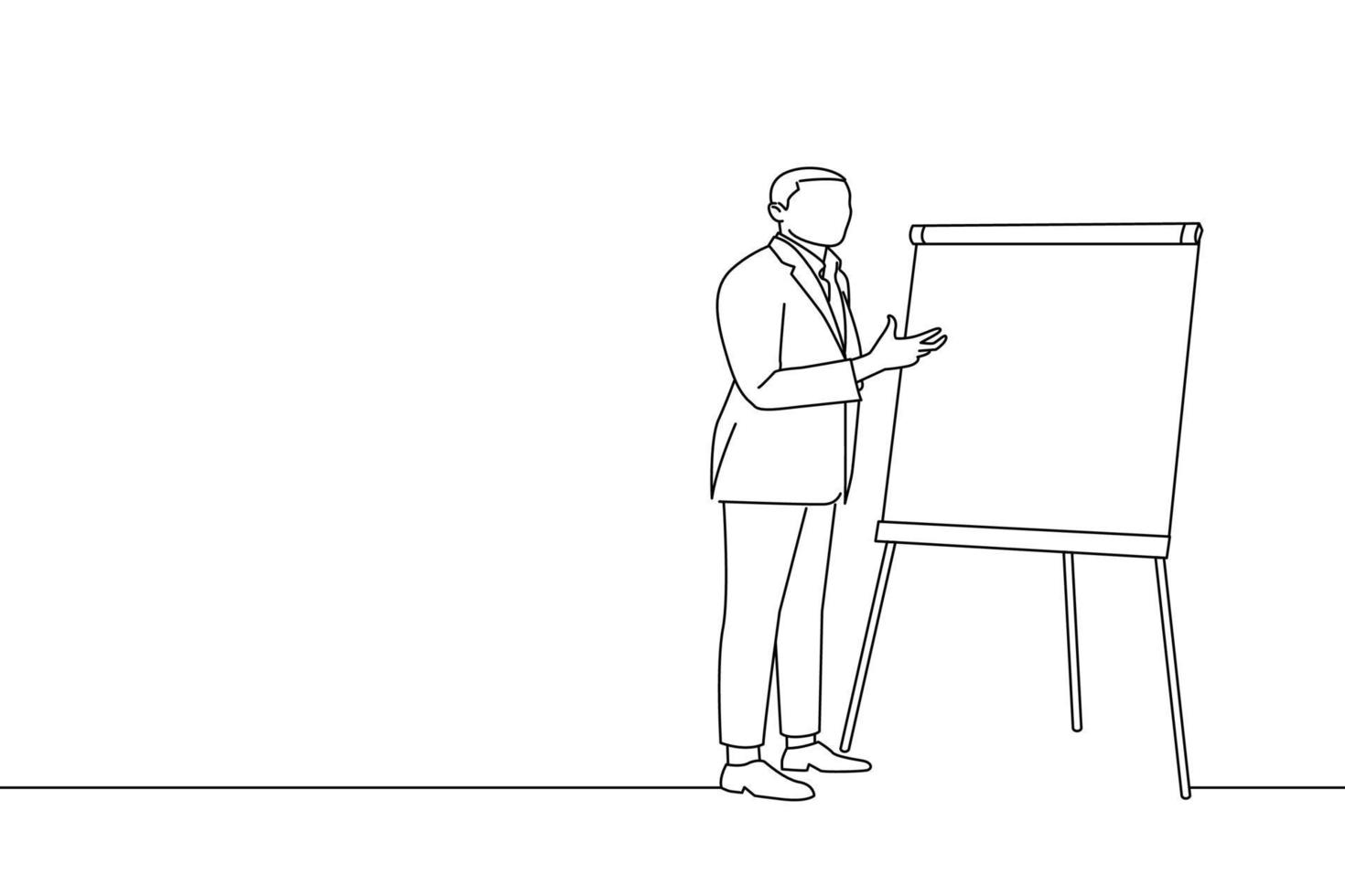 Drawing of confident speaker gives presentation with flipchart presenting new marketing project. One line art vector