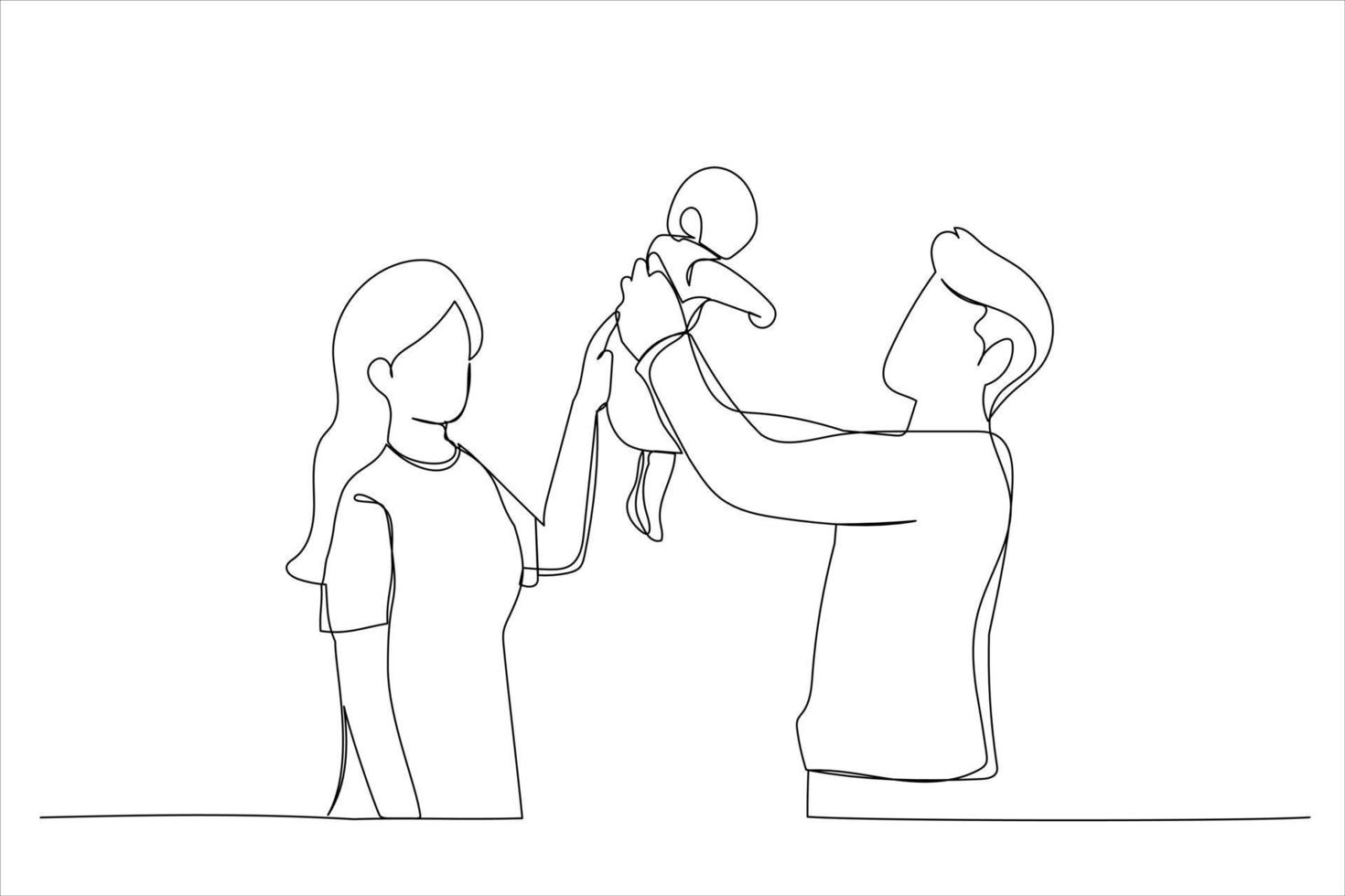 Drawing of father lifting new born baby boy on the air and kissing him, mother is watching on the side. Single line art style vector