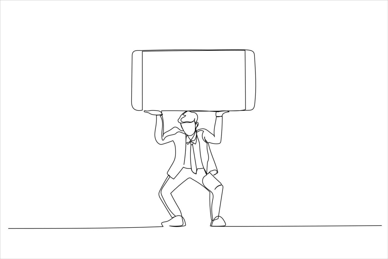 Illustration of man is balancing a giant cell smart phone over his head that has a blank screen for your images and text. One line style art vector