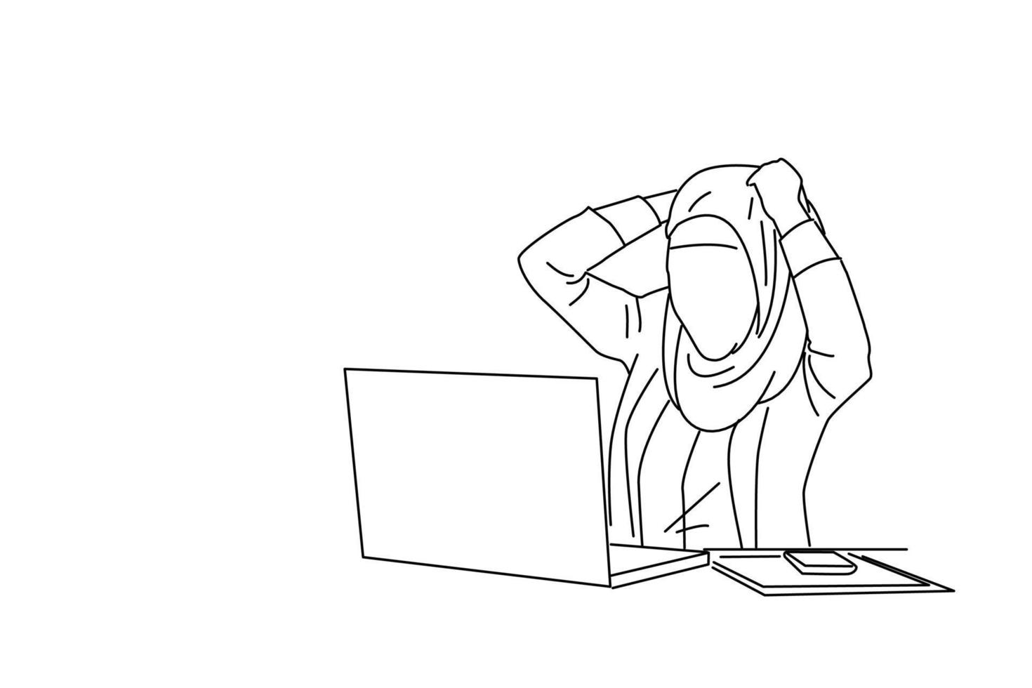 Illustration of stressed asian muslim business woman at the desk screaming and shouting. Outline drawing style art vector