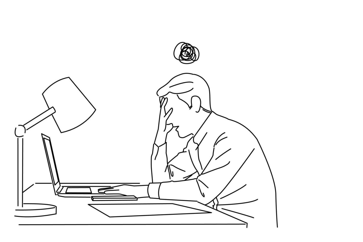 Illustration of Tired worker having problem. Man makes dumb mistake has difficulty. line art style vector