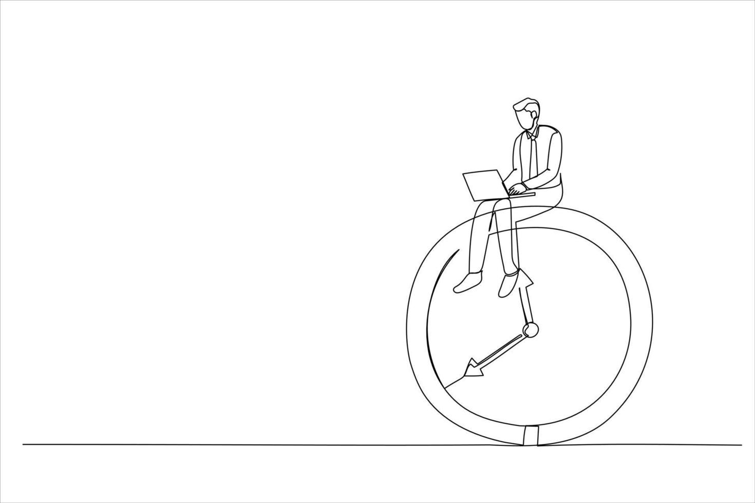 Drawing of businessman using computer laptop sitting on clock working. After hours worker, working late overtime concept. Single continuous line art vector