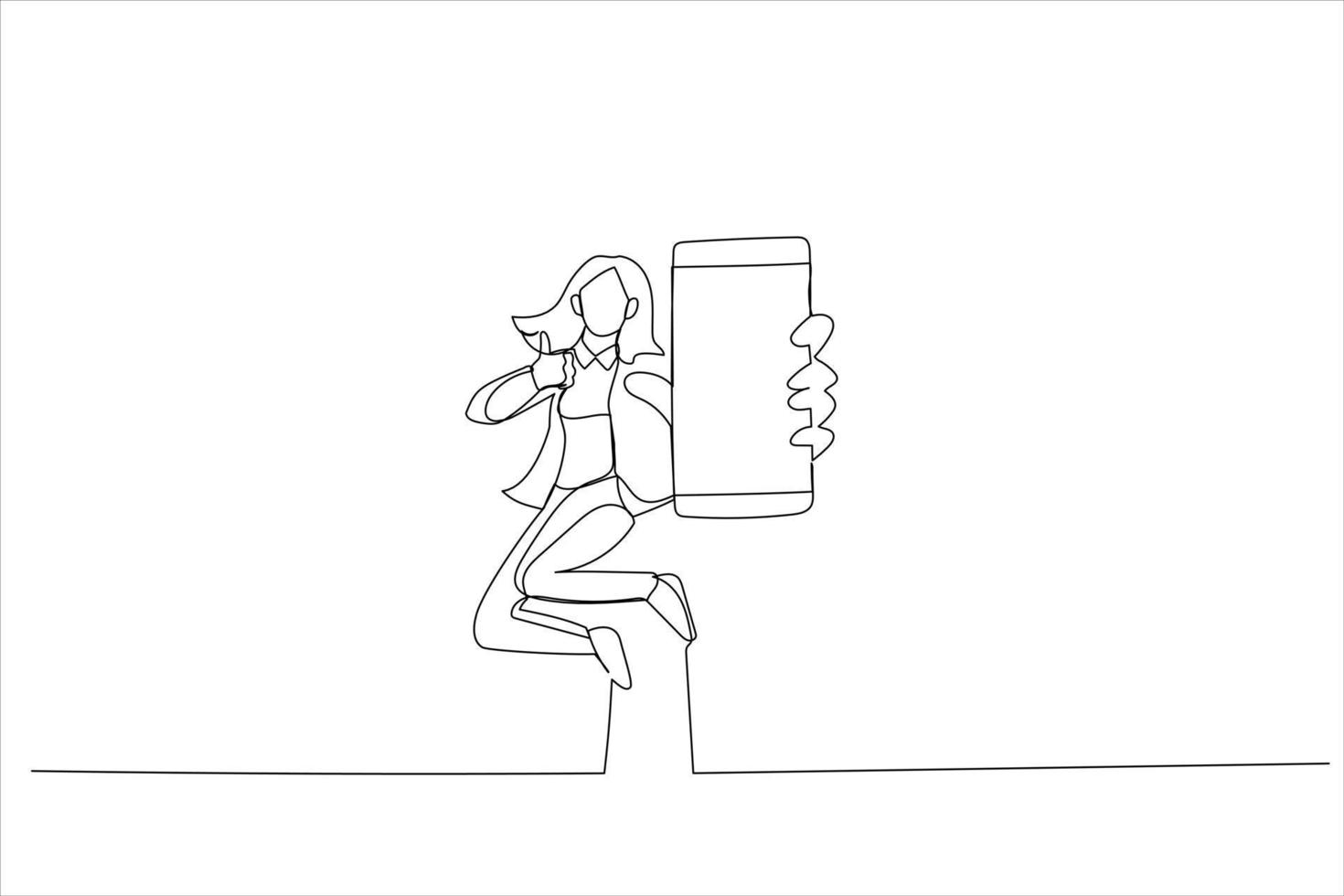 caricatura de mujer saltando en el aire, apuntando al celular con pantalla vacía. arte de línea continua vector
