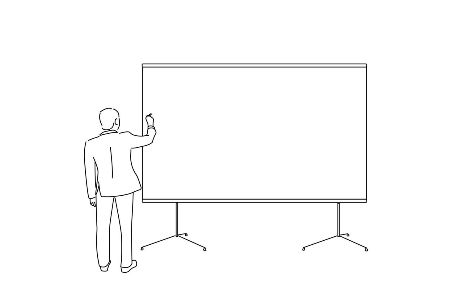 Drawing of blank poster and drawing businessman. Line art style vector