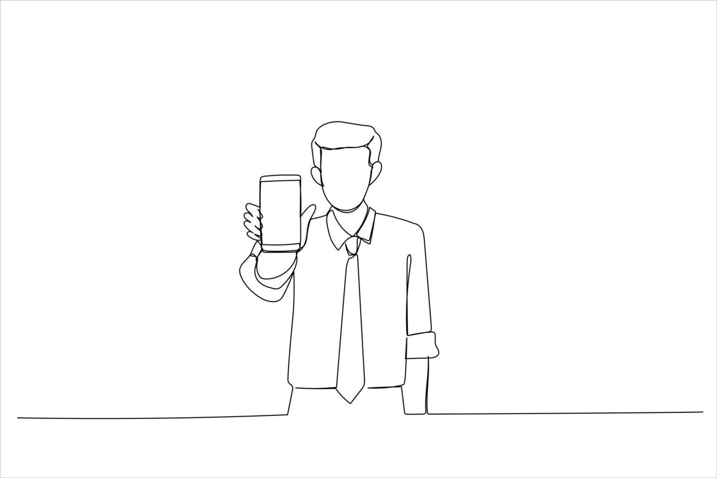 Illustration of young man holding smartphone, showing gadget to camera. One line art style vector