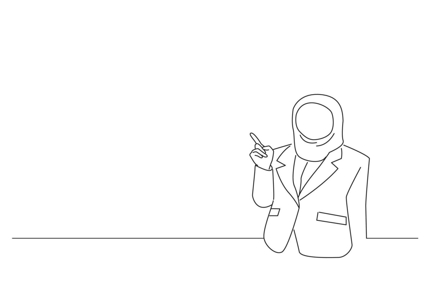 Cartoon of beautiful young asian muslim businesswoman pointing finger to empty space. Oneline art drawing style vector