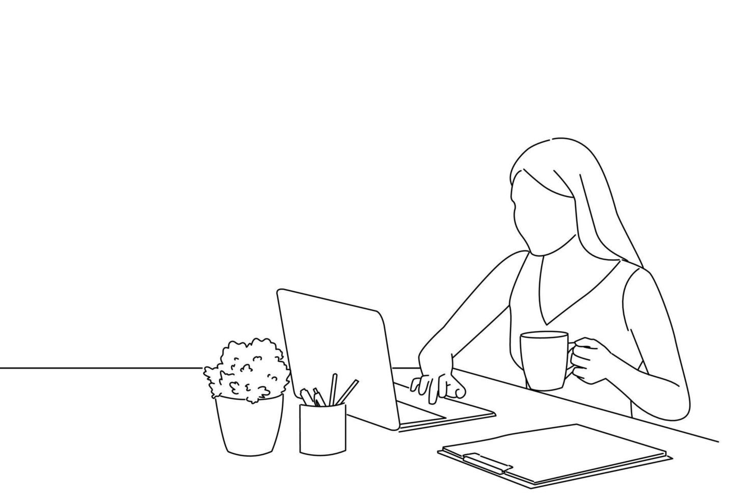 Cartoon of happy woman working with laptop and drinking coffee. Oneline art drawing style vector