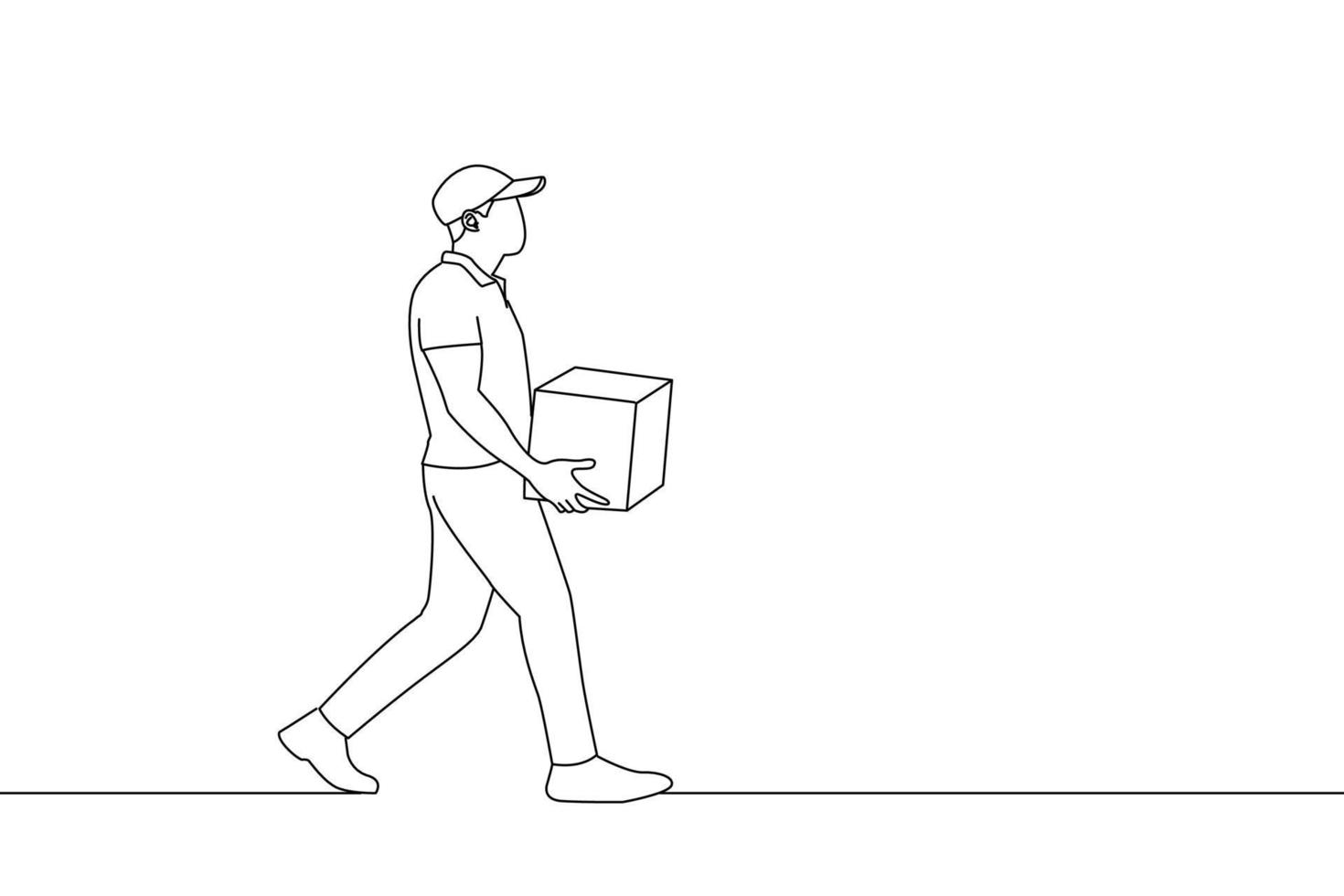 Cartoon of delivery man carrying packages and walking. Line art style vector