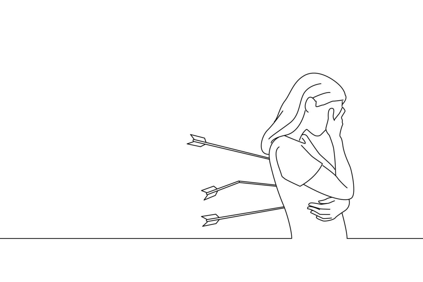 Illustration of woman bows down and is sad an arrow is stuck on her back. One line art vector